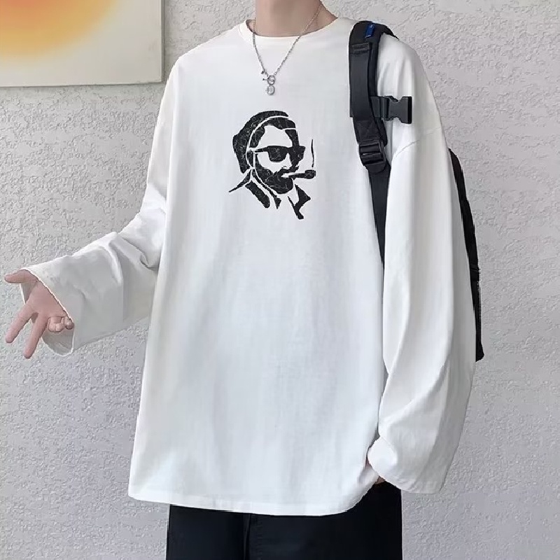 Áo Thun Tay Dài Cổ Tròn Dáng Rộng In Họa Tiết Hoạt Hình Phong Cách Hàn Quốc Thời Trang Cho Nam size M-5XL