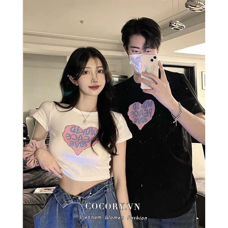 Cocory vn Áo Croptop cotton Tay Ngắn In Hình Trái Tim Thời Trang Mùa Hè Quyến Rũ Cho Các Cặp Đôi
