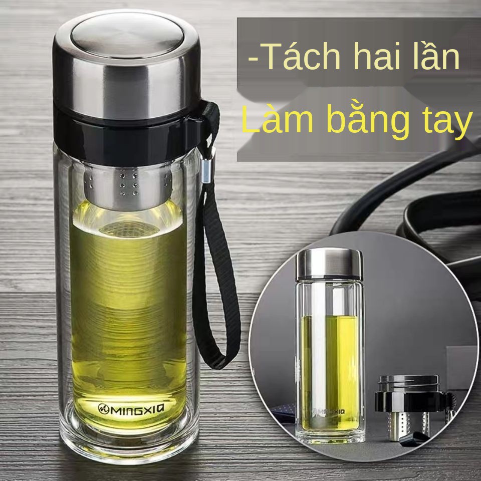 Cốc thủy tinh hai lớp, uống nước nam, cầm tay, pha trà gia đình có lưới lọc, đựng và dung tích lớn tách để