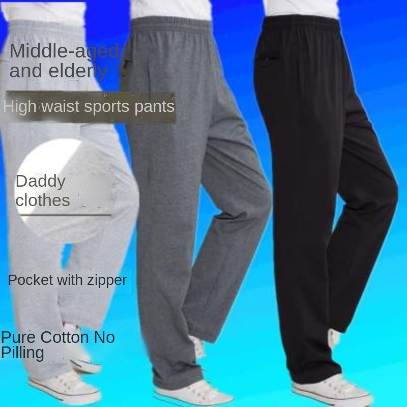 Quần Dài Thể Thao Cotton Ống Rộng Lưng Cao Co Giãn Thời Trang Thu Đông Cho Nam Trung Niên O9DE