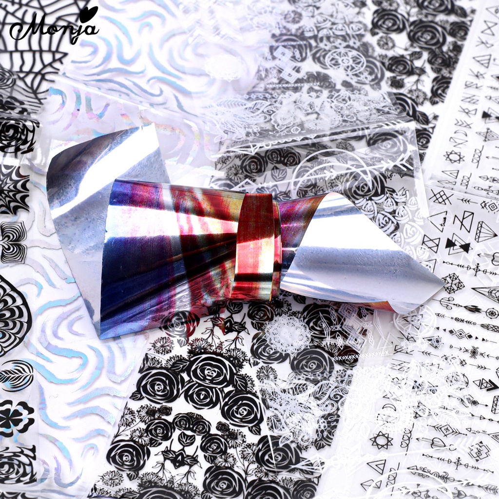 MONJA Bộ 6 Miếng Dán Trang Trí Móng Tay Họa Tiết Ren Màu Trắng Đen Thời Trang