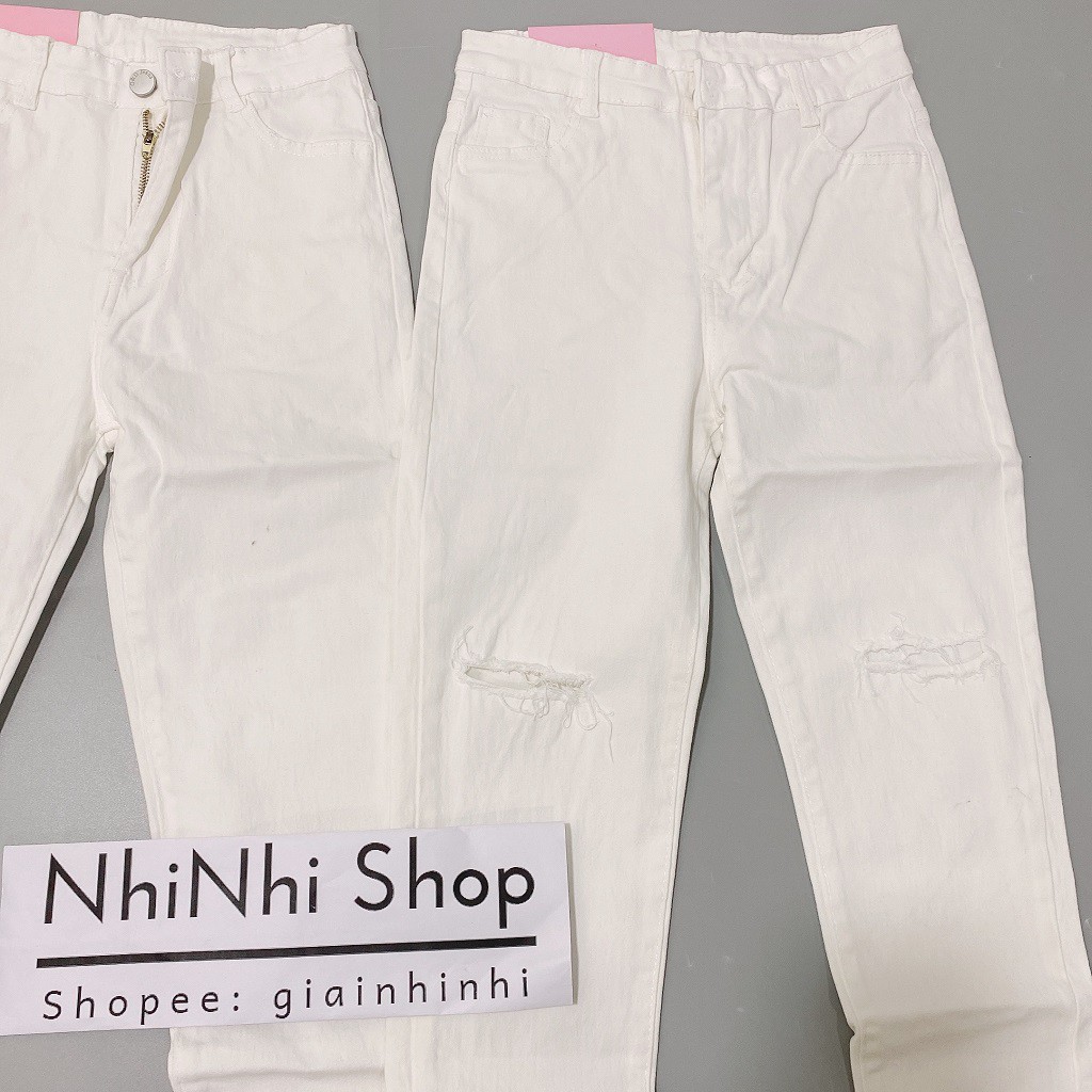Quần jean trắng rách đùi và trơn, Quần bò cạp cao co giãn QJ1867 NhiNhi Shop