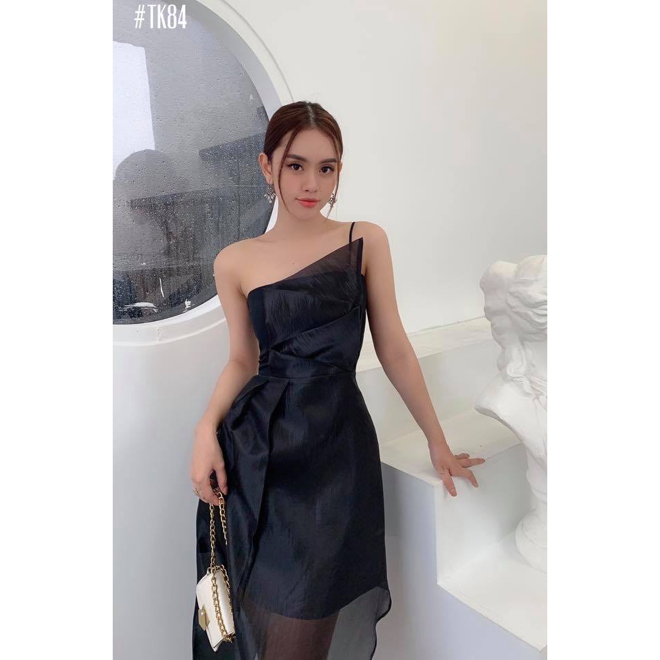 [HÀNG THIẾT KẾ CAO CẤP] Đầm Dây Xòe Lệch Tà Đi Tiệc Sang Trọng Màu Hồng