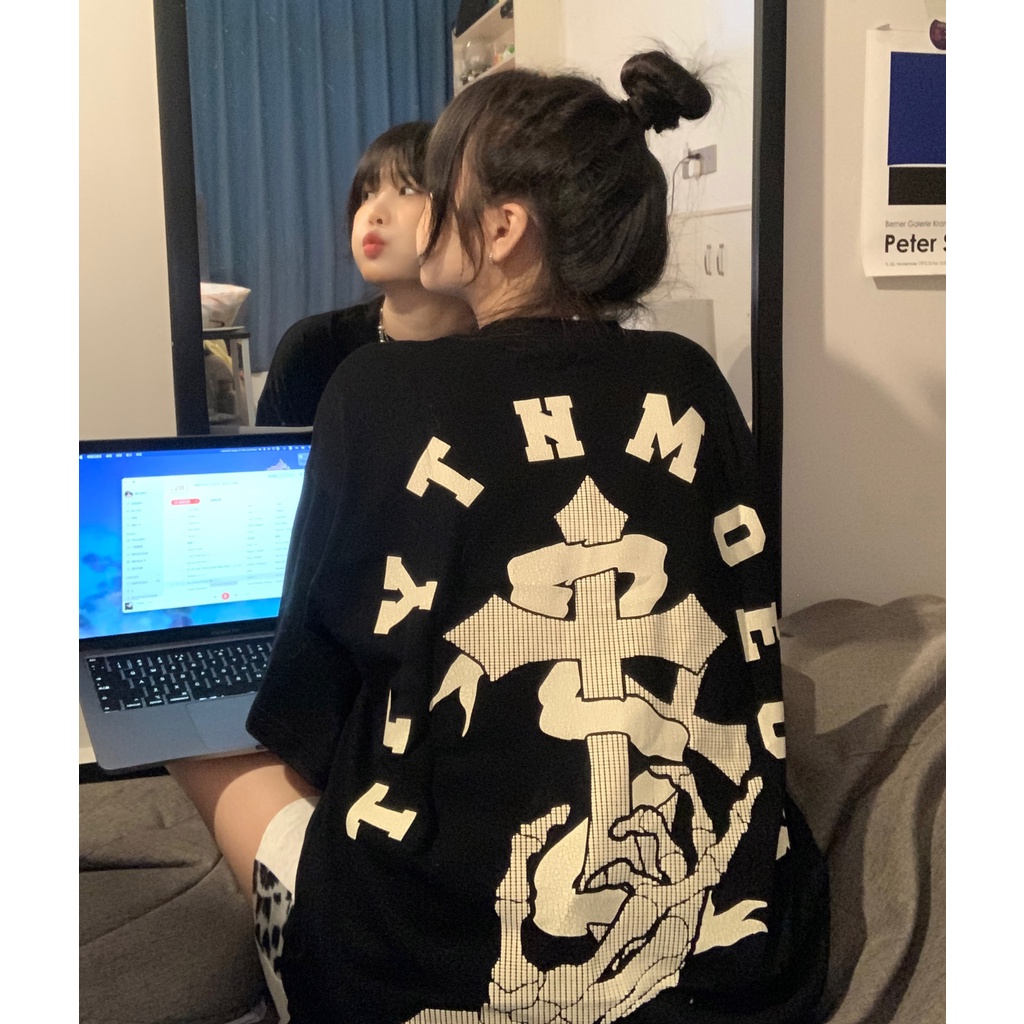 Áo Thun Cotton Nguyên Chất Đen Dáng Rộng Cổ Tròn Chữ Thập Đầu Lâu Đầu Lâu