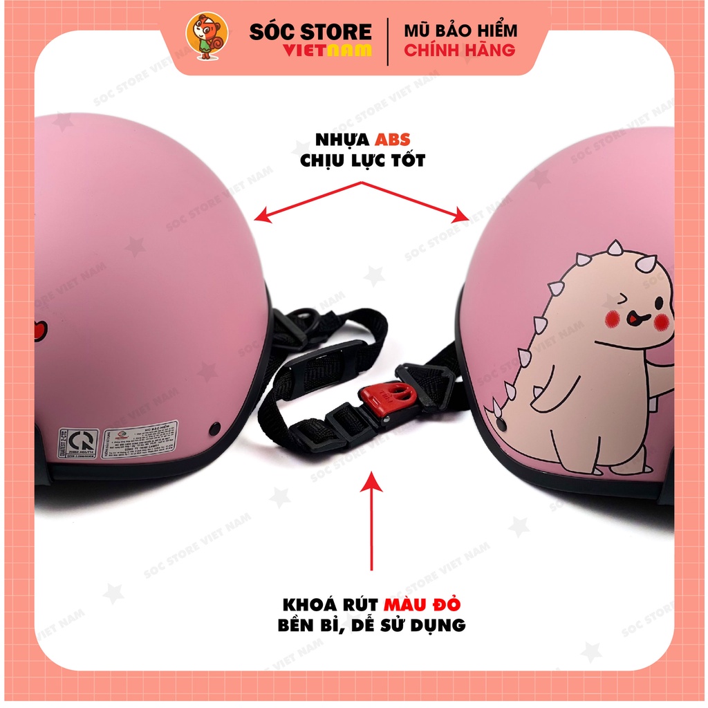 Mũ bảo hiểm nửa đầu 1/2 in hình Khủng long hồng kính phi công Sóc Store Vietnam, nón bảo hiểm 1/2 khủng long màu hồng
