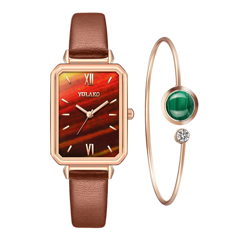 Đồng Hồ Đeo Tay Mặt Hình Chữ Nhật Màu Xanh Lá Dành Cho Nữ