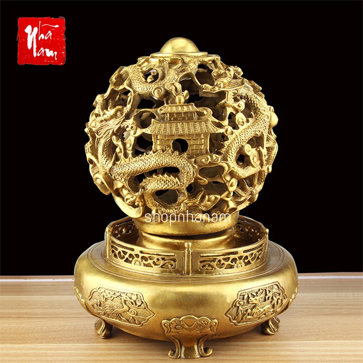Lư hương đồng vàng cao cấp họa tiết rồng thắp trầm hương