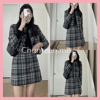 Sét áo khoác Croptop kèm chân váy kẻ đen Quảng Châu CHANREEN