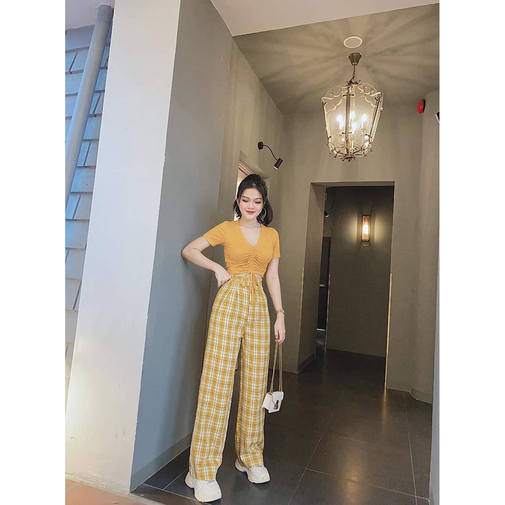 SET ÁO CROPTOP RÚT DÂY ĐEN VÀNG MIX QUẦN CULLOTES KẺ CARO ỐNG RỘNG VÀNG ĐEN