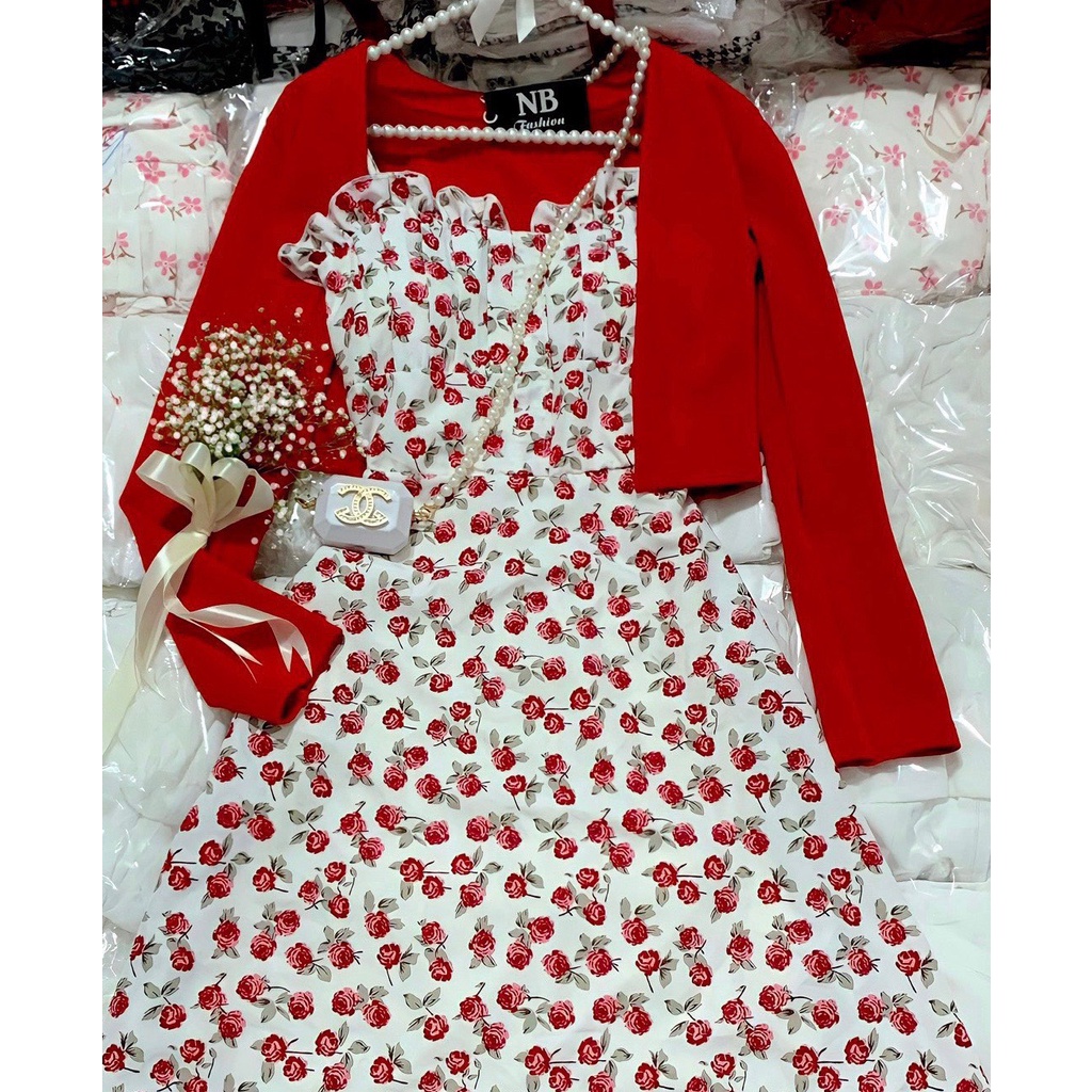 Sét váy hoa nhí nữ 2 dây phối khoác ngoài cardigan Váy maxi hai dây đỏ hoa kiểu tiểu thư Phong cách hàn quốc