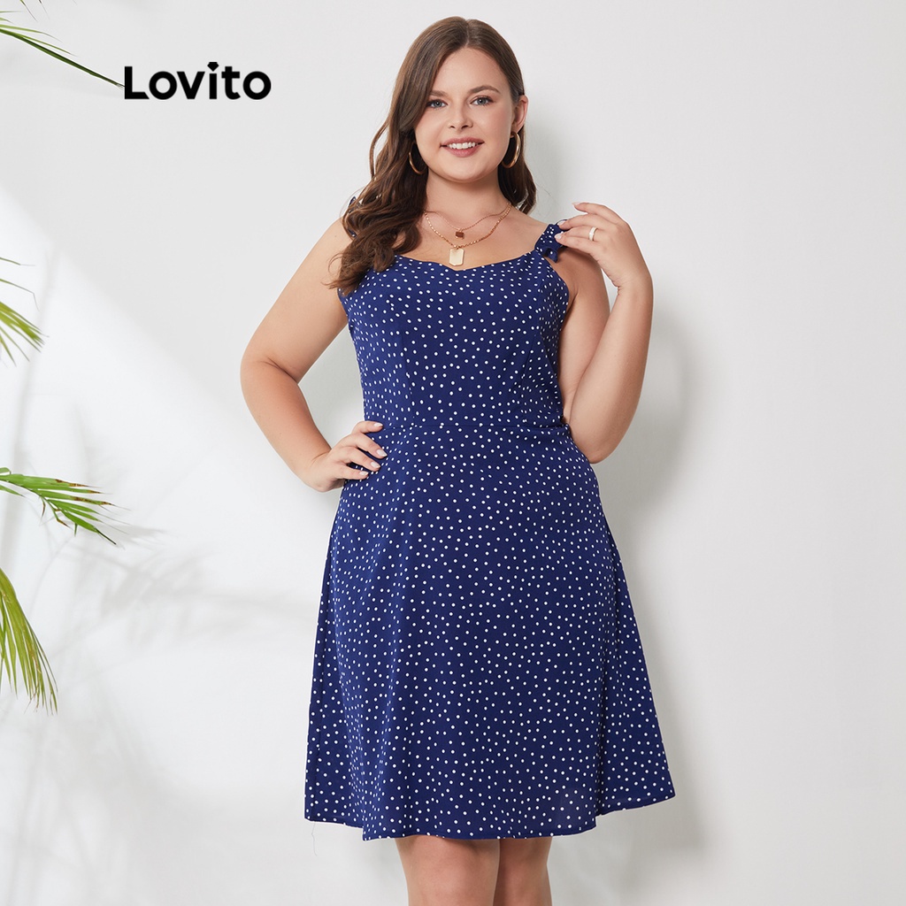 Váy trượt Lovito plus size chấm bi lai bèo xếp nếp thanh lịch không vón cục xơ LPS01012 (xanh dương đậm)