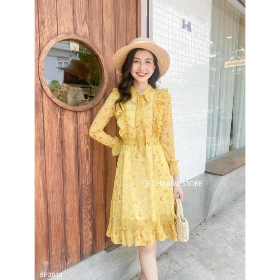 TCO- Đầm váy voan hoa dáng xòe cánh tiên, kết nơ vàng tươi sáng, trẻ trung thời trang nữ dạo phố, đi biển