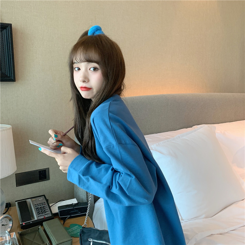 SUXI Áo Thun Tay Dài Màu Trơn Dáng Rộng Phong Cách Hàn Quốc