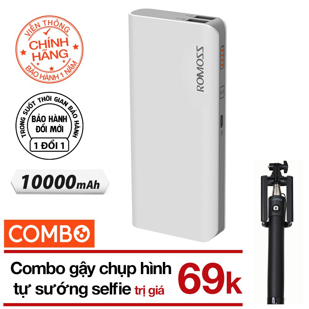 Combo Pin sạc dự phòng 10.000mah Romoss Solit 5 (Trắng) + Gậy chụp hình selfie (màu ngẫu nhiên)
