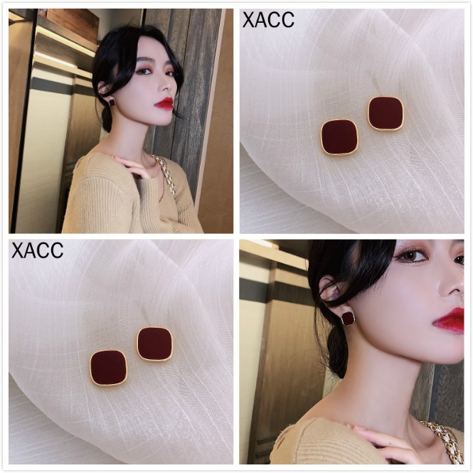 Bông tai hình vuông màu đỏ rượu phong cách Hàn Quốc cho nữ