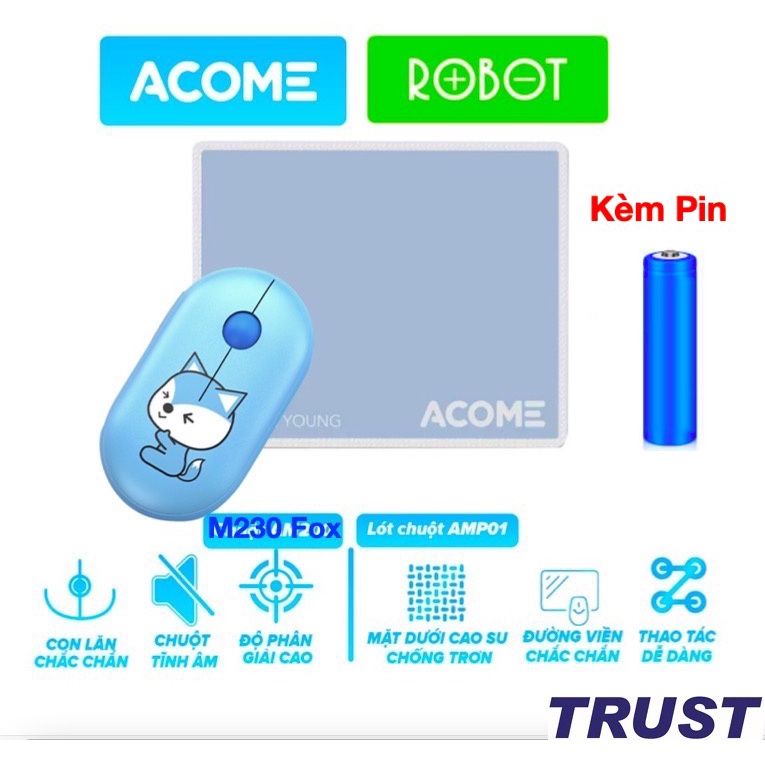 [Kèm Pin] COMBO Chuột Không Dây ACOME Và Miếng Lót Chuột ACOME AMP01 Tĩnh Âm Xanh Tặng Kèm Pin - Chính Hãng