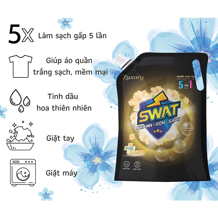 Nước Giặt Xả 5 in 1 SWAT hương Luxury siêu thơm Can dung tích Khổng Lồ 3.8L siêu tiết kiệm giúp diệt khuẩn lưu hương lâu