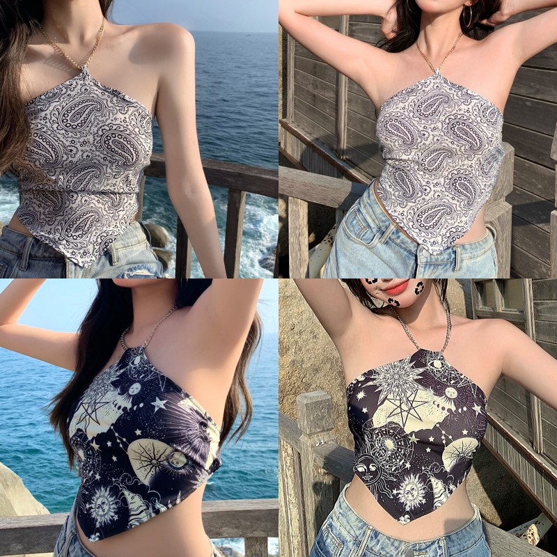 Áo Lửng Hai Dây In Họa Tiết Thời Trang Quyến Rũ Dành Cho Nữ