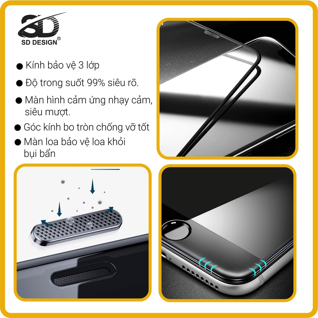 Kính cường lực rồng xanh chính hãng SD Design thế hệ mới Full màn bảo vệ màng loa x/xr/xs max/11 pro/11 promax/12/12 pro