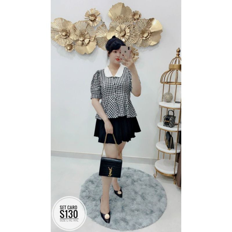 Set big size áo caro và chân váy xếp ly từ 60kg-90kg