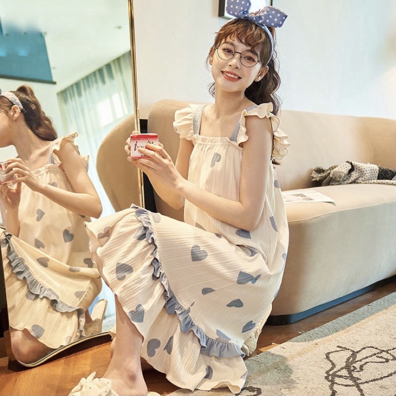 Váy ngủ hai dây họa tiết trái tim, Váy ngủ dáng xuông đuôi cá đáng yêu