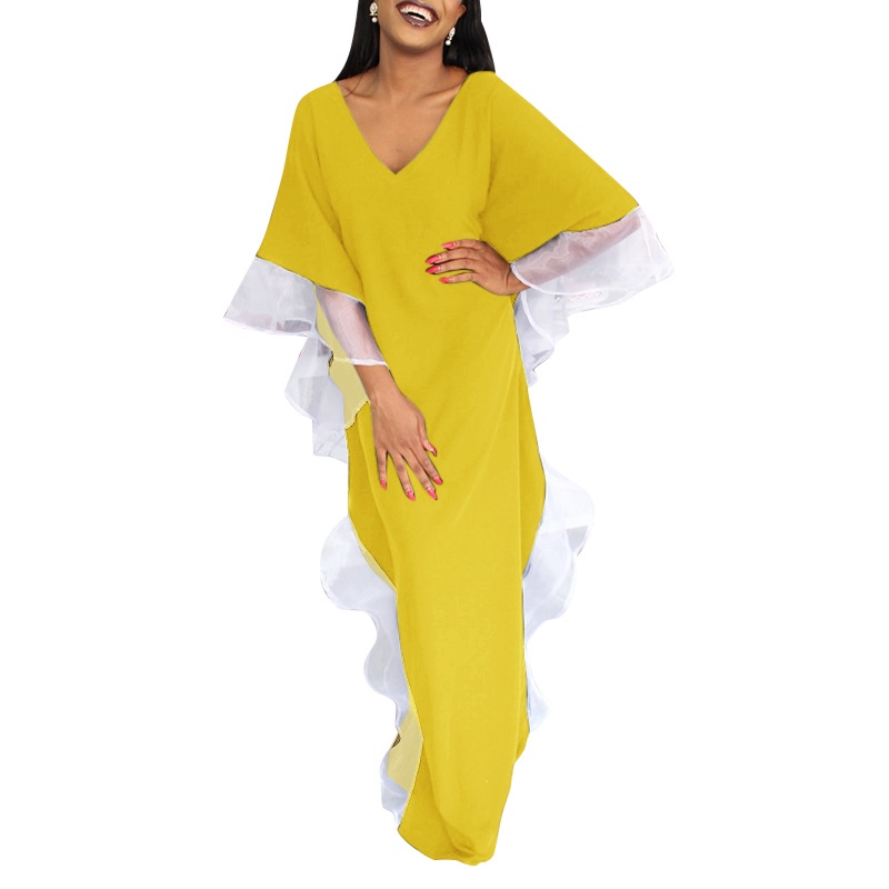 Đầm maxi CELMIA cổ chữ V tay cánh dơi màu trơn phối lưới diềm xếp nếp thanh lịch cho nữ