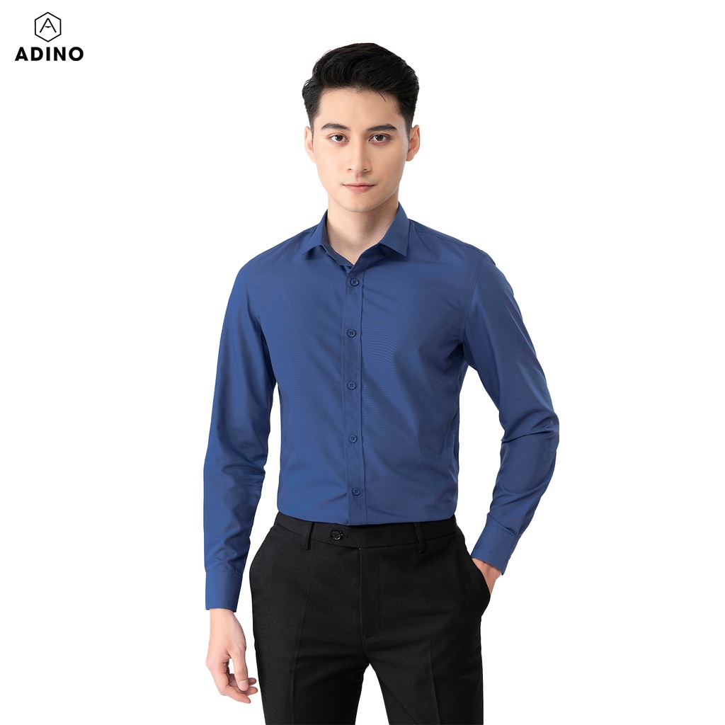 Áo sơ mi nam hàn quốc màu xanh than ADINO vải nến lụa sợi sồi mềm mịn dáng slimfit công sở hơi ôm trẻ trung SM05