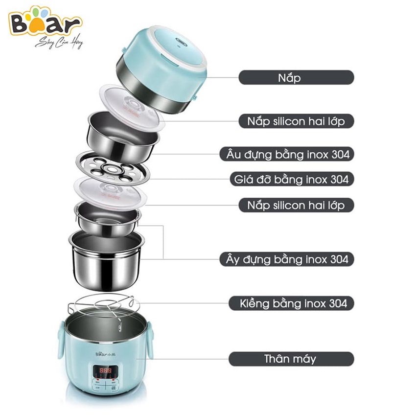 Hộp Cơm Cắm Điện Bear Khay Inox nấu cơm, nấu thức ăn, giữ nhiệt (Hàng chính hãng 1 đổi 1 trong 30 ngày, BH 18 tháng)