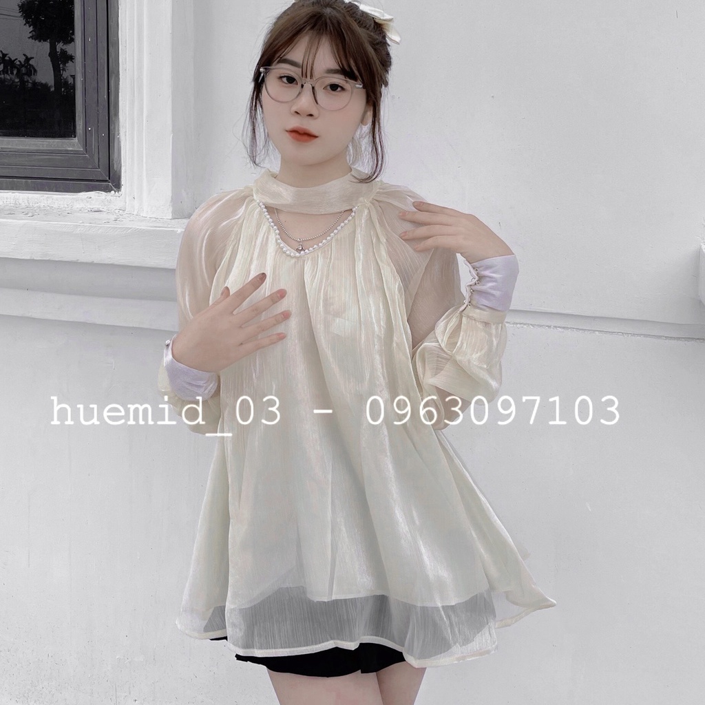 áo cổ ngọc, cổ V đính ngọc sang chảnh tiểu thư, tay áo bồng bềnh đính khuy | BigBuy360 - bigbuy360.vn