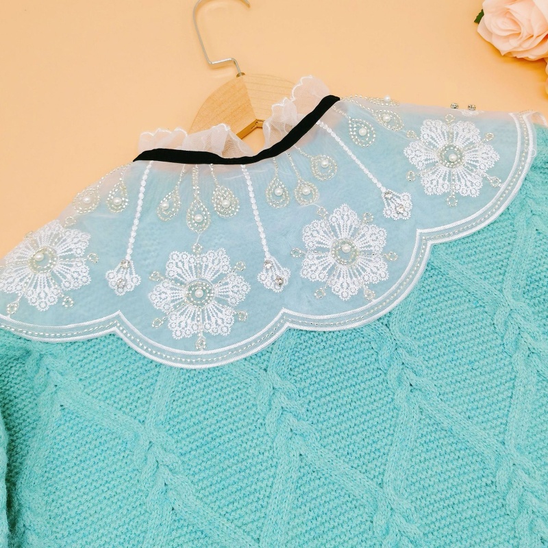 Cổ áo giả thắt nơ thêu họa tiết đính ngọc trai dành cho nữ