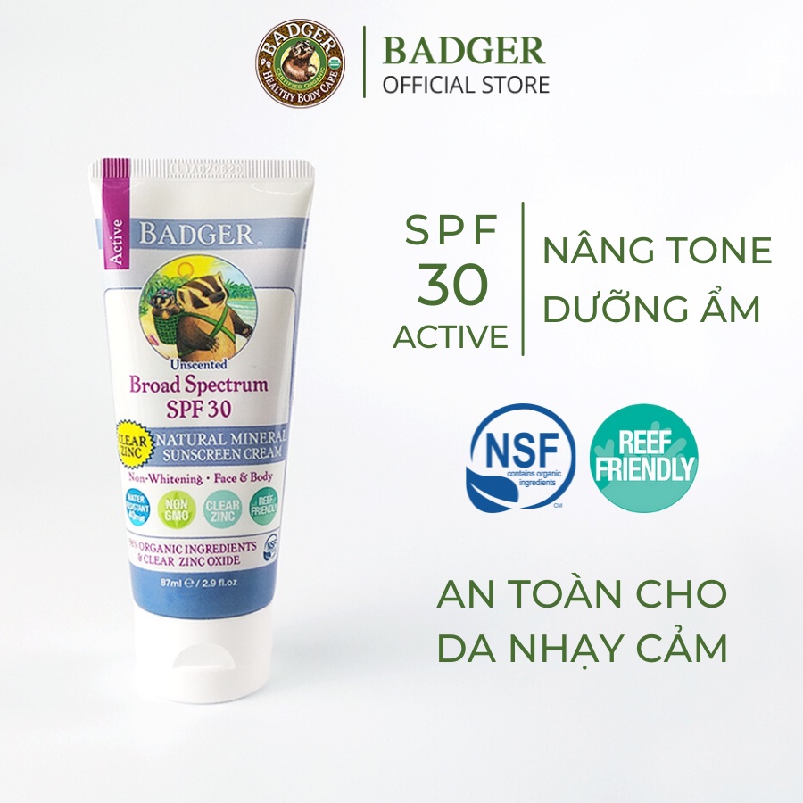 Kem chống nắng vật lý BADGER SPF 30 Active Sunscreen dưỡng ẩm hàng ngày phổ rộng an toàn cho bà bầu, da mụn khô nhạy cảm