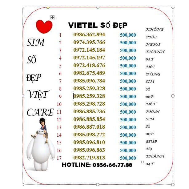 [Mã 229ELSALE hoàn 7% đơn 300K] Sim Viettel đồng giá 700k,đầu cổ 09, số đẹp, giá rẻ, nghe gọi thoải mái