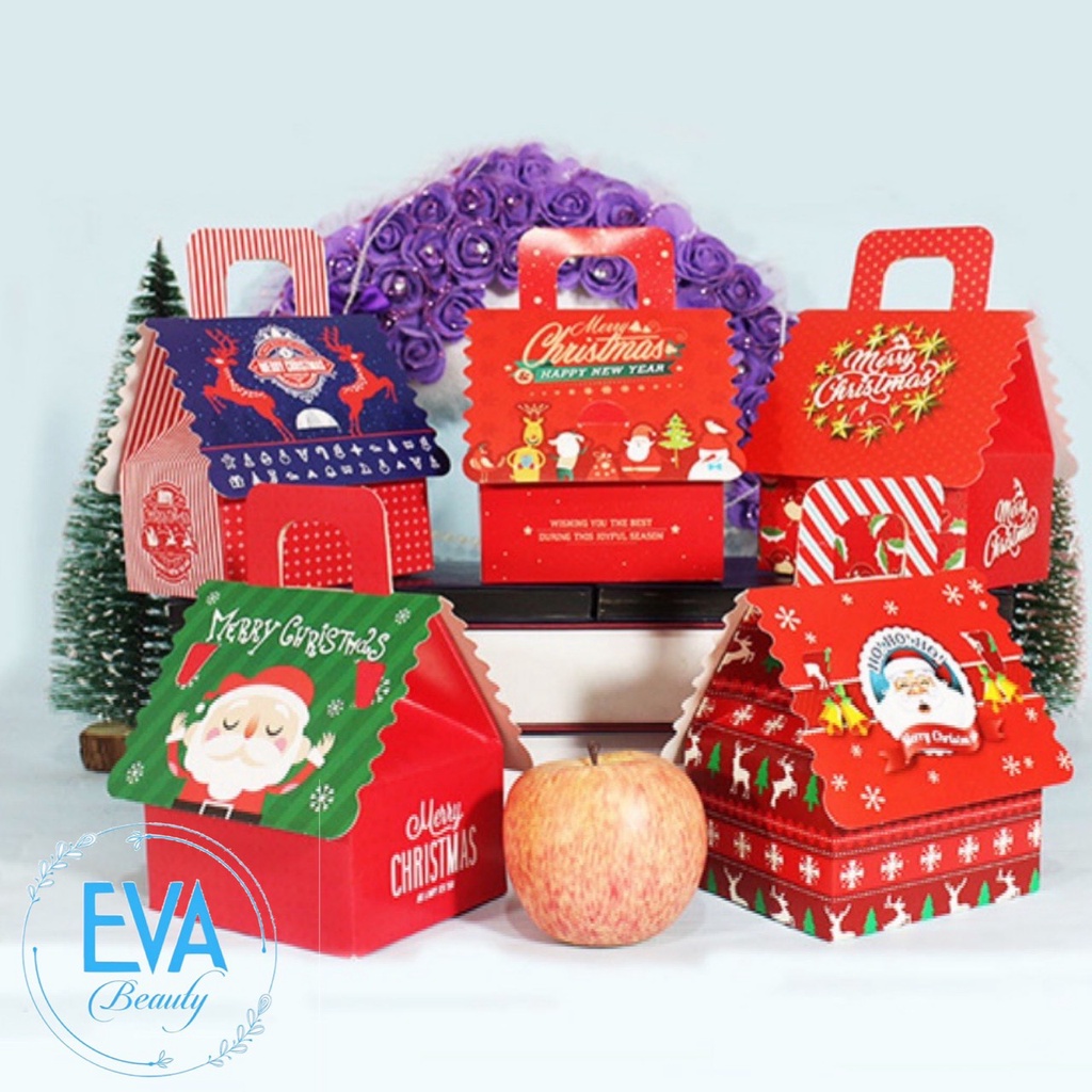 Hộp Đựng Quà Giáng Sinh Ngôi Nhà / Hộp Giấy Đựng Quà Noel Hình Ngôi Nhà Có Quai Xách Nhiều Mẫu M3527