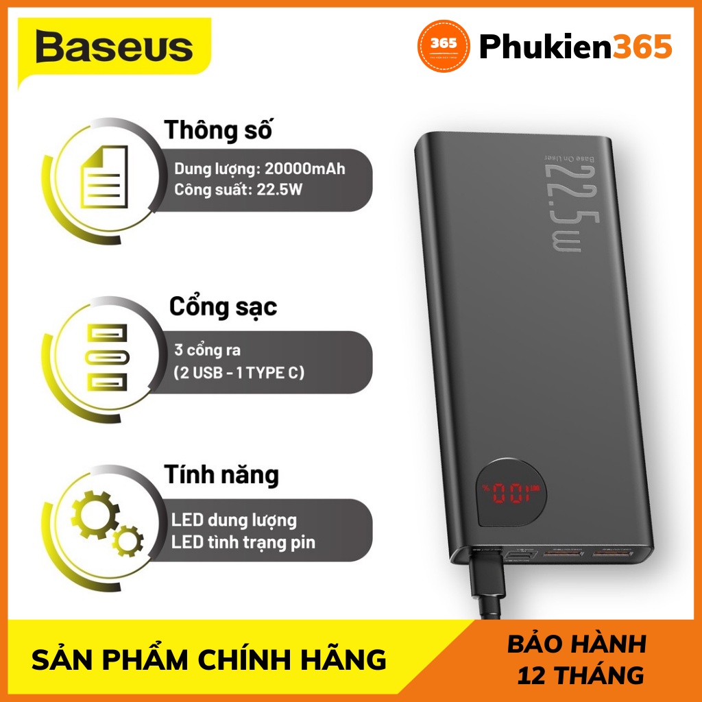 Sạc dự phòng 20000mAh Baseus Adaman 22.5w Sạc nhanh QC 3.0 Có Led Báo Tình Trạng Pin Chính Hãng Baseus