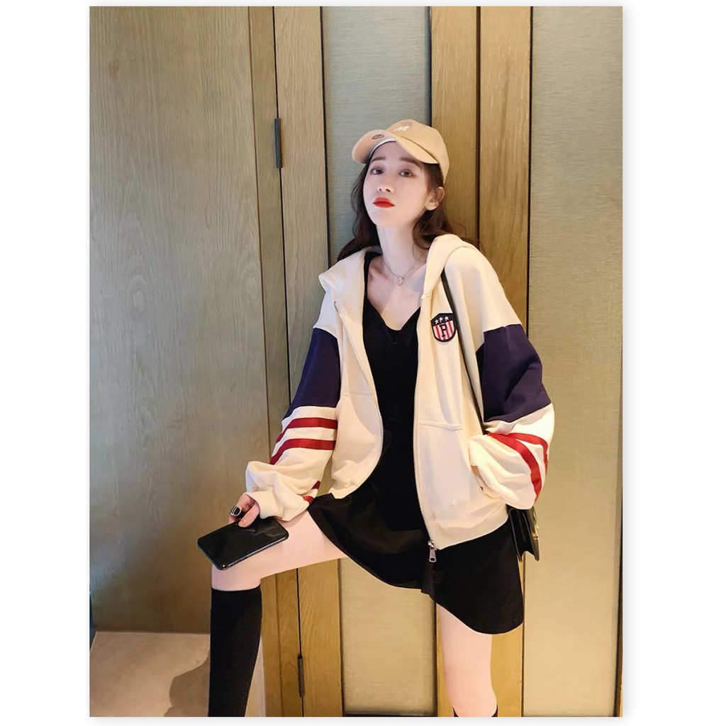 Áo hoodie,áo khoác hoodie nỉ nam nữ chất thun nỉ mềm mịn from rộng thêu cờ viền tay ( có khóa kéo)