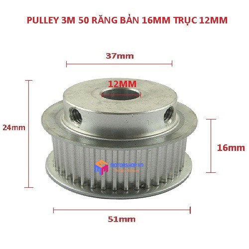 MTS Puly Bánh Răng Nhôm 3M 50 Răng Bản 16mm Trục 10mm, 12mm, 15mm
