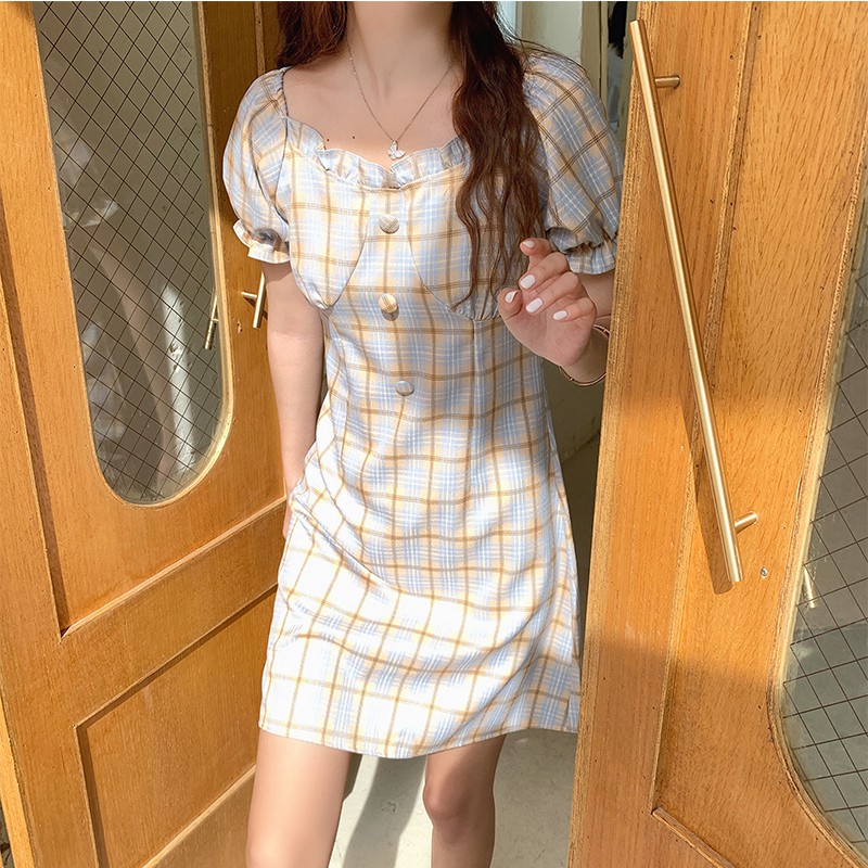 Đầm Nữ Tay Ngắn Cổ Vuông Họa Tiết Caro Thời Trang | BigBuy360 - bigbuy360.vn