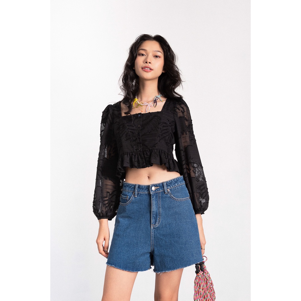 LIBÉ - Quần ngắn vải denim dáng suông ống rộng màu xanh dương