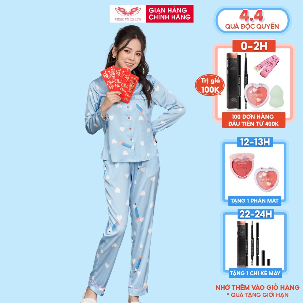 Đồ bộ nữ mặc nhà Pyjama VINGO Lụa Pháp cao cấp tay dài quần dài họa tiết hồng phối xanh mùa Thu Đông H553 VNGO - TDQD