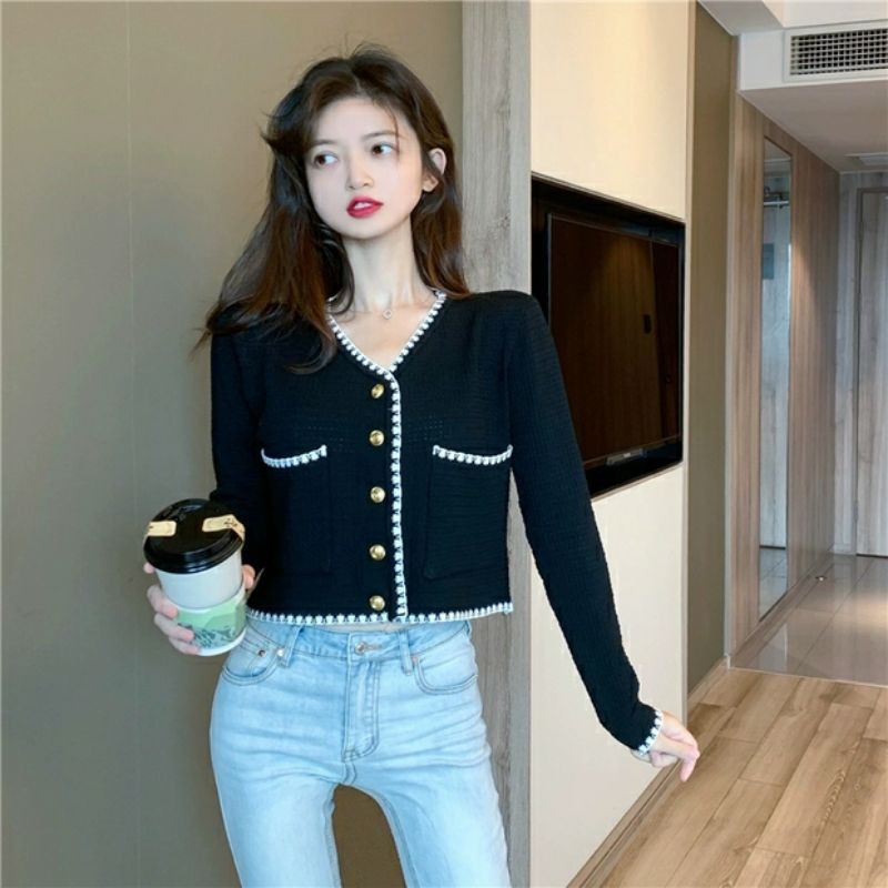 Áo khoác cardigan thun len cổ tim phong cách hàn quốc 2021