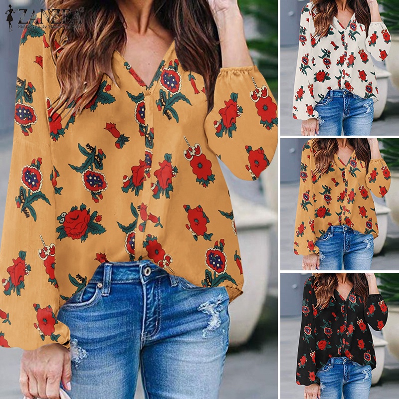 Zanzea Áo Kiểu Tay Dài Cổ Chữ V In Họa Tiết Hoa Thanh Lịch Dành Cho Nữ