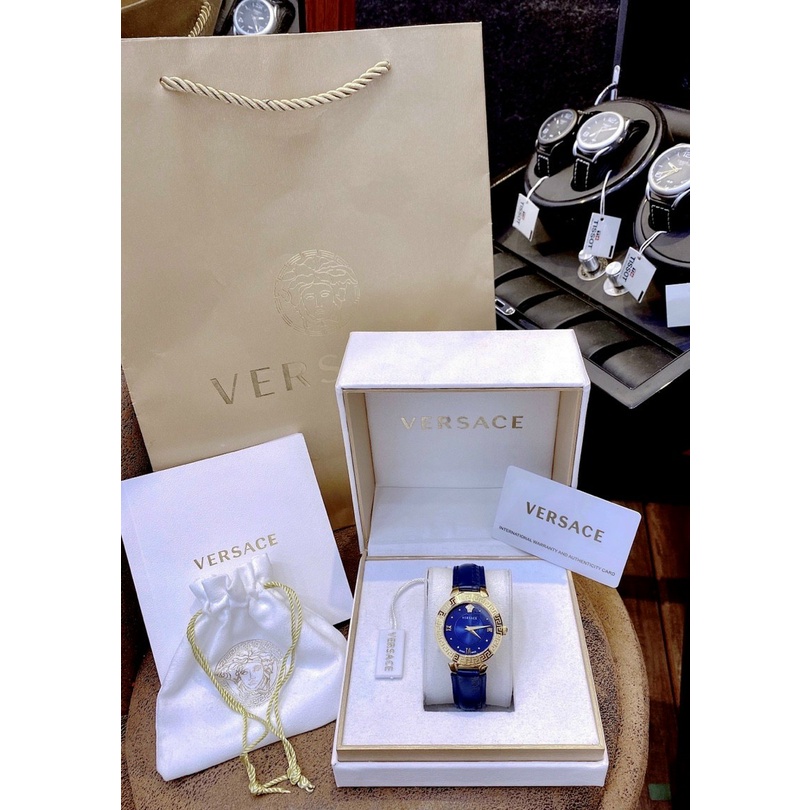 Đồng hồ đeo tay nữ, đồng hồ nữ chính hãng VERSACE full hộp cao cấp, siêu sang trọng, dây da xanh thời trang, cực đẹp