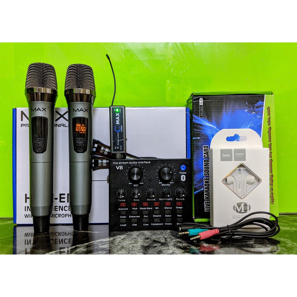 Trọn combo karaoke thu âm livestream siêu hot micro max 39 và sound card V8 tặng kèm tai nghe Hoco M1 và dây live MA2