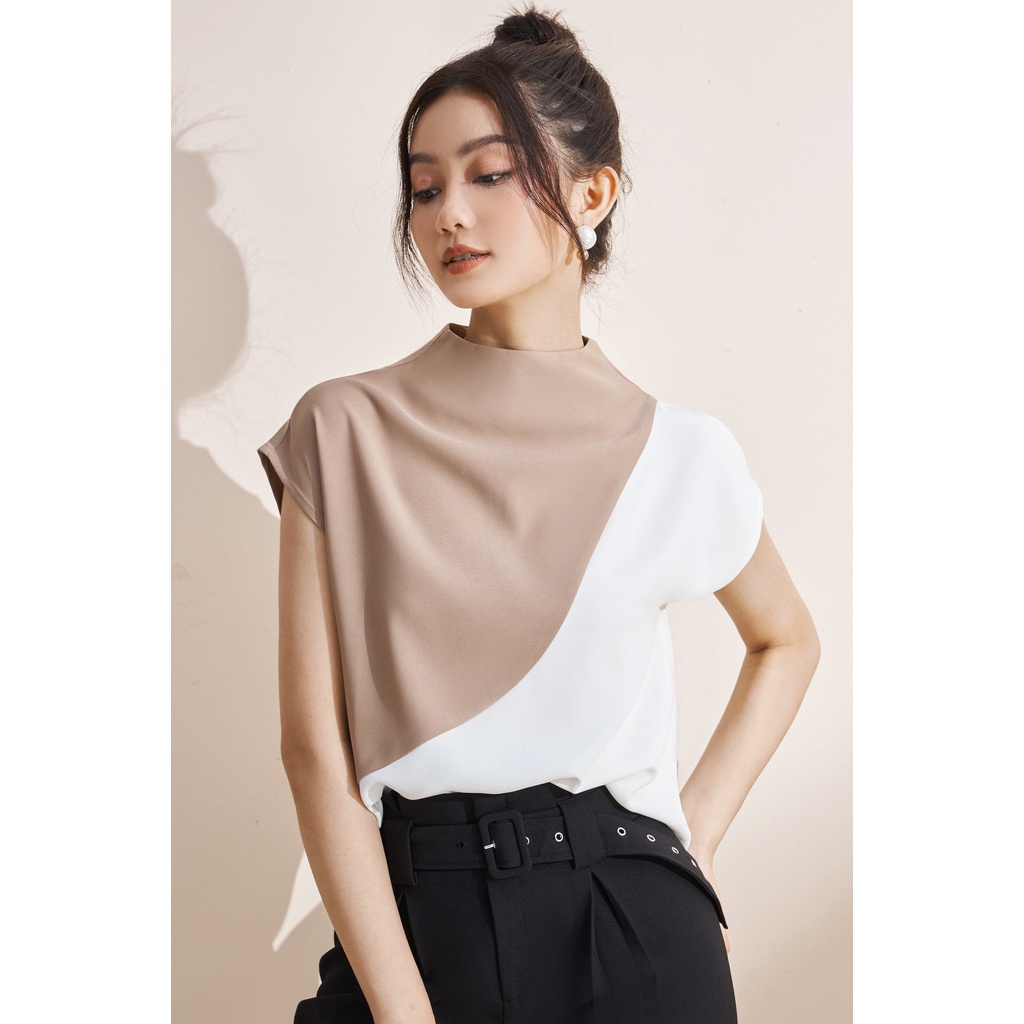 EVERLUXE - Áo tay liền cổ lọ phối màu