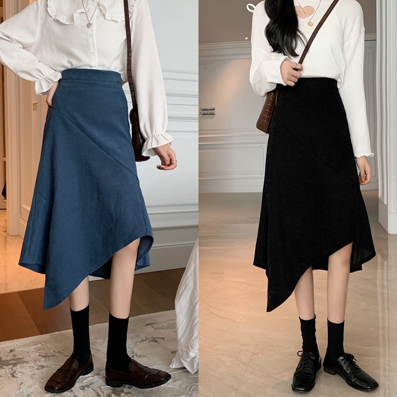 Xiaozhainv Chân váy Midi lưng cao màu đen phong cách Hàn Quốc