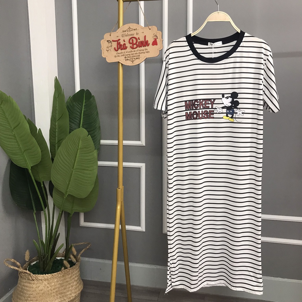Váy Nữ Họa Tiết Kẻ Ngang Chất Cotton Suông In Hoạ Tiết Mickey Đầm Dáng Dài Thoáng Mát | BigBuy360 - bigbuy360.vn