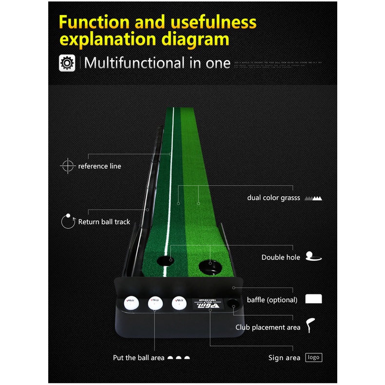 Thảm tập golf putting PGM-TL004 New: chính hãng, 2 lựa chọn, thiết kế cải tiến, Có thanh chắn & ray hồi bóng.