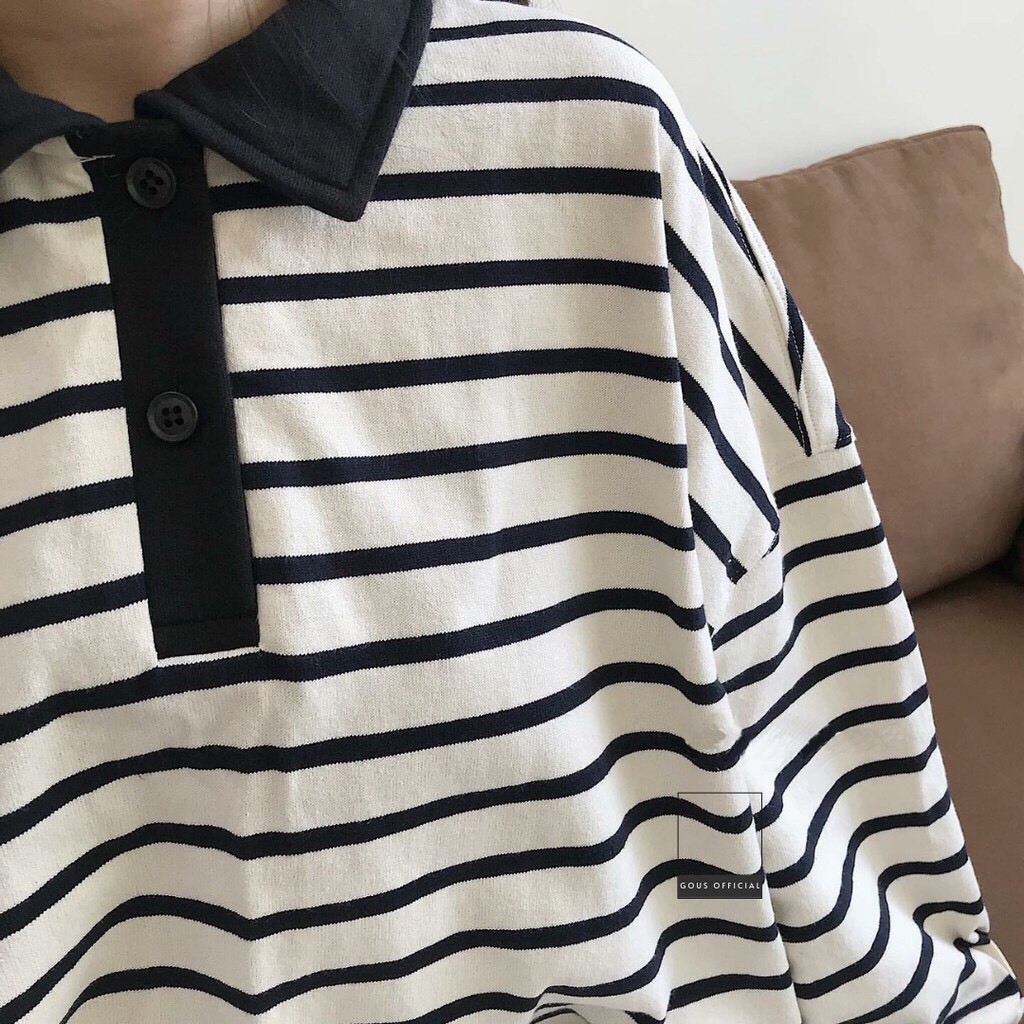 Áo Polo Dài Tay - Áo Thun Nữ Có Cổ Phối Kẻ Đen Trắng Cotton Nỉ CO Dãn - QUẦN ÁO THỜI TRANG GIÁ RẺ