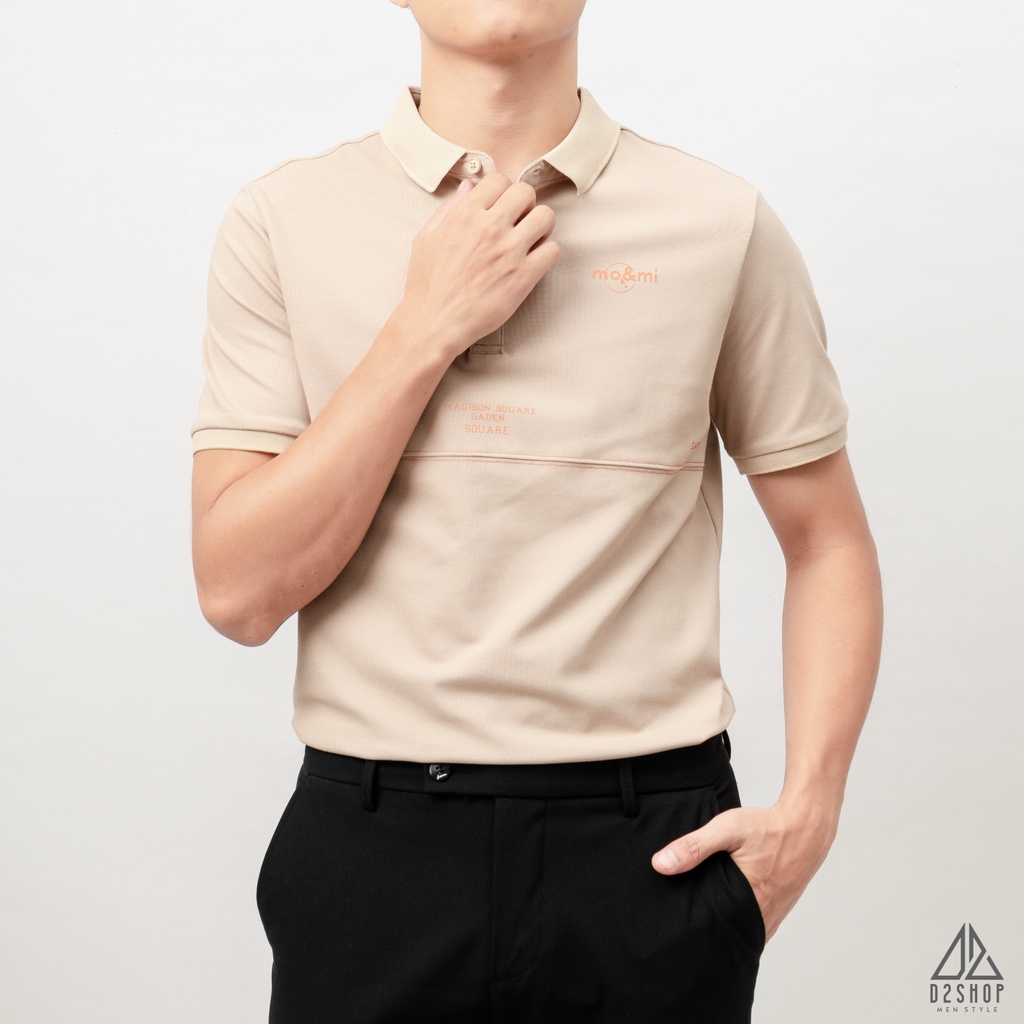 Áo thun polo nam D2shop, áo polo nam viền ngực phối chỉ đỏ mo&mi, màu be