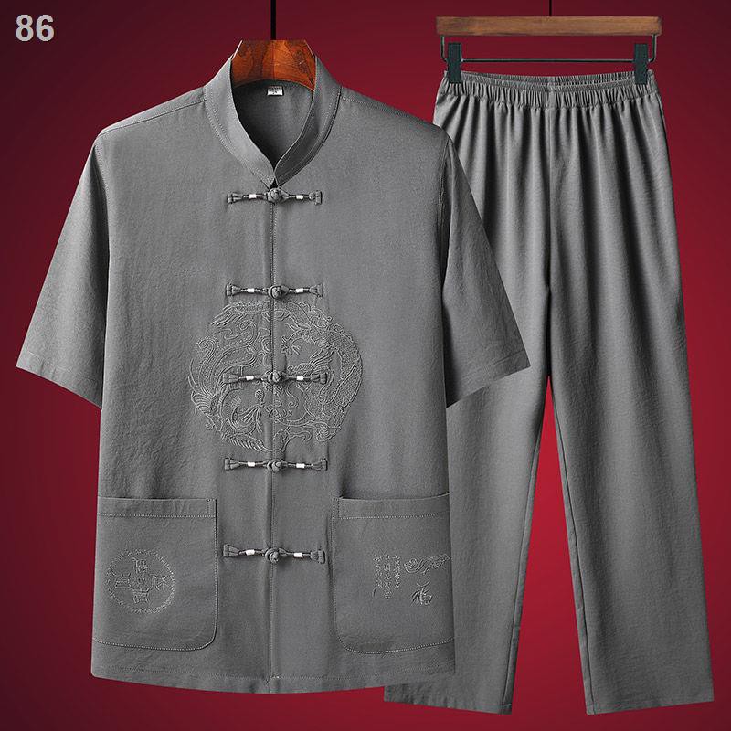 Mùa hè mới Tang suit kiểu Trung Quốc- Người cao tuổi và người cao tuổi Bộ đồ ngắn tay giản dị Bố của người đàn ông cỡ lớ